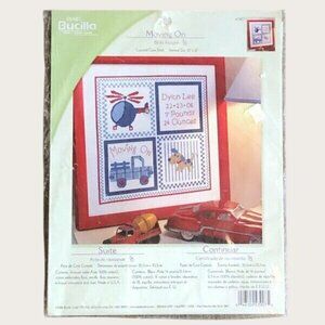 New Plaid Bucilla Moving On Birth Record Counted Cross Stitch Kit Made in USA